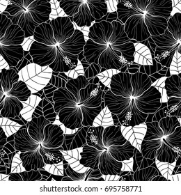 Seamless hand drawn pattern with hibiscus flowers and leaves
