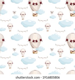 Seamless hand drawn pattern with hot air balloons, clouds and paper flags in pastel color. Trendy modern texture for fabric, wallpaper, textile, apparel.Kids vector illustration.