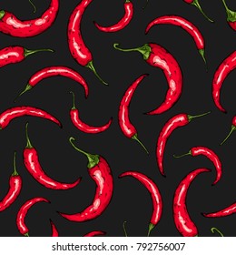 Seamless hand drawn pattern with hot chili pepper. Natural background for textiles, banner, wrapping paper and other and designs. Vector illustration