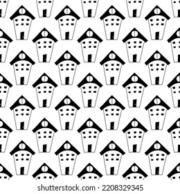 Nahtlose, handgezeichnete Muster mit Häusern im Kunststil. Doodles Schwarz-Weiß-Muster für Kinder, Stoff, Drucke