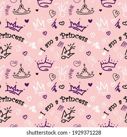 seamless hand drawn pattern with "I am a princess" title and different crowns. Doodles. Vector eps 10