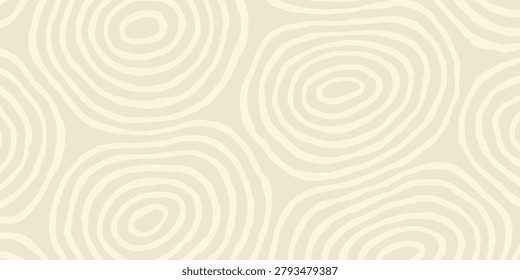 Seamless hand drawn pattern inspired by circular tree rings and wood grain textures in subtle beige and cream tones perfect for natural rustic decor and organic surface design themes.