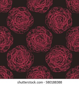 Seamless hand drawn pattern with japanese flowers camellia. Vector illustration. Pink on dark background.
