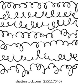 Seamless hand drawn pattern with kids scratches or illegible writings. Cursive small lettering. Vector doodle black and white background with scribbles