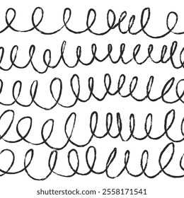 Seamless hand drawn pattern with kids scratches or illegible writings. Cursive small lettering. Vector doodle black and white background with scribbles