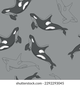 Seamless hand drawn pattern of killer whale. One line whale