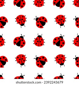 Seamless hand drawn pattern with ladybug vector illustration on white. Cute simple flat design of black and red ladybug.