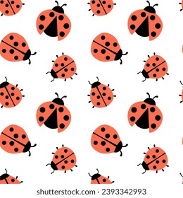 Seamless hand drawn pattern with ladybug vector illustration on white. Cute simple flat design of black and red ladybug.