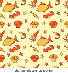 Seamless hand drawn pattern with marine life