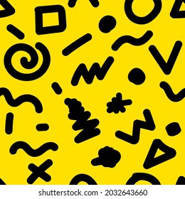 Seamless hand drawn pattern in Memphis style. Fashion geometric background with doodle shapes. Color summer banner. Vector fun illustration