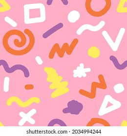 Seamless hand drawn pattern in Memphis style. Fashion geometric background with doodle shapes. Color summer banner. Vector fun illustration