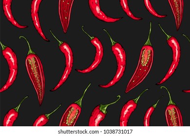 Seamless hand drawn pattern with mexican hot pepper chili and halves arranged in rows. Natural background for textiles, banner, wrapping paper and other and designs. Vector illustration.