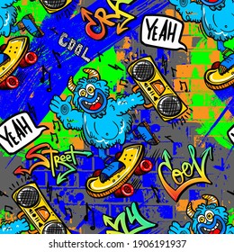 Seamless hand drawn pattern with monster on skate . bright grunge print for prints, clothes, t shirt, child or wrapping  paper. Creative kids original design 