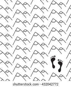 seamless hand drawn pattern with mountains.foot vector silhouette and mountains on white background