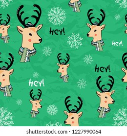 Seamless hand drawn pattern with new year deer on green background.vector.deer in a hat with a scarf. snowflakes.New Year wallpapers,printing fabric wrapping paper