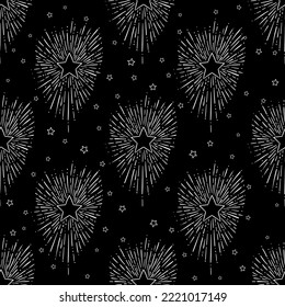 Seamless hand drawn pattern with night sky with stars. Nature ornament. Repetition background for textiles , wrapping paper or wallpapers. Titled black and white vector illustration.