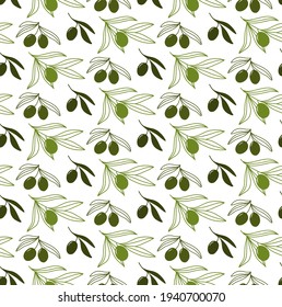 Seamless hand drawn pattern with olive branches isolated on white background. Silhouette olive tree branches for menu, greeting cards, wallpapers, covers.