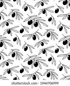 Seamless hand drawn pattern with olive branches isolated on white background. Outline olive tree branches for menu, greeting cards, wallpapers, covers.
