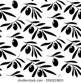 Seamless hand drawn pattern with olive branches isolated on white background. Silhouette olive tree branches for menu, greeting cards, wallpapers, covers.