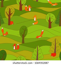 Seamless hand drawn pattern on forest theme with foxes. 