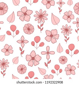 Seamless hand drawn pattern with pastel pink doodle flowers, branches and leaves on a white background