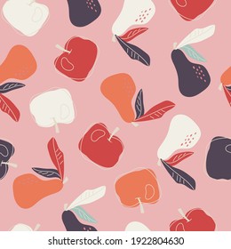A seamless hand drawn pattern with pears and apples in bright, unusual color combinations. Modern vector illustration. The concept of summer, freshness and happiness. The objects are uncut, the