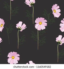 Seamless hand drawn pattern with pink blooming autumn flowers background. Vector design for fashion or fabric on black background.