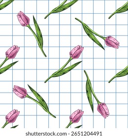 Seamless hand drawn pattern with pink tulips and green leaves on squared paper background. Perfect for spring design, floral stationery, wrapping paper, and romantic educational projects.