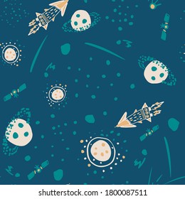 Seamless hand drawn pattern with planets, rockets and satellites. Turquoise bright background. Cosmic style. Great for wallpaper, textile, wrapping paper, fabric print. Vector illustration.