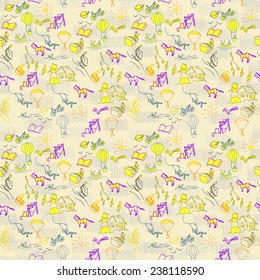 Seamless hand drawn pattern with playing kids. 