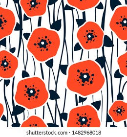 Seamless hand drawn pattern with poppies. Decorative abstract background with flowers in pastel colors