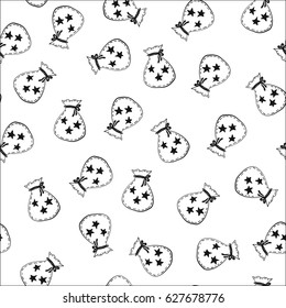 Seamless hand drawn pattern with pouch and stars. Vector black and white illustration