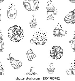 Seamless hand drawn pattern with pumpkin and cup of tea and coffee. Ink style. It can be used as wrapping paper, fabric print, background, textile pattern, wallpaper