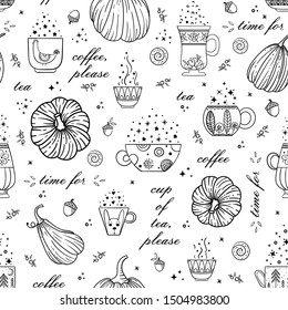 Seamless hand drawn pattern with pumpkin and cup of tea and coffee. It can be used as wrapping paper, fabric print, background, textile pattern, wallpaper