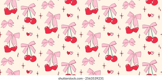 Seamless hand drawn pattern with red cherries tied in pink bows, small hearts and stars on a soft beige background. Coquette vintage aesthetic wallpaper, stylish romantic background for print, fabric.