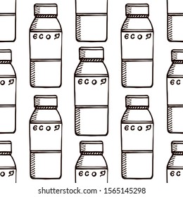 Seamless hand drawn pattern with reusable flask. No plastic and zero waste concept