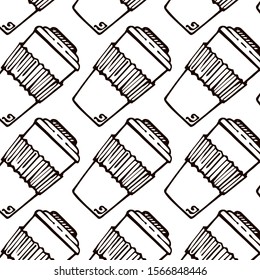 Seamless hand drawn pattern with reusable bottle. No plastic and zero waste concept