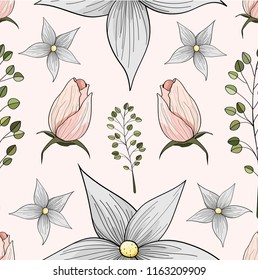 Seamless hand drawn pattern with rose buds, lilies and herbs on a creamy background. Tender floral print. Can be used in design of textile, fabrics, packaging, covers, web site backgrounds etc.