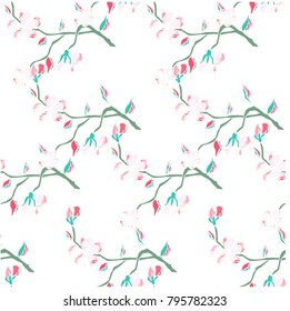 Seamless hand drawn pattern sakura blooming branch on white stock vector illustration for print, for web