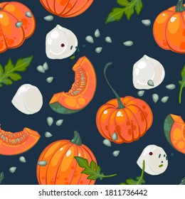 Seamless hand drawn pattern of salad with pumpkin, arugula and cheese on a dark background. Italian salad with pumpkin. Italian Cuisine. Background for the menu.