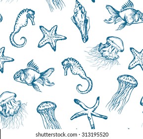 Seamless hand drawn pattern with sea creatures