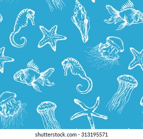 Seamless hand drawn pattern with sea creatures