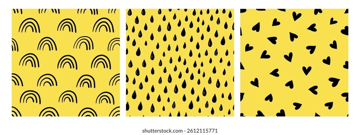 Seamless hand drawn pattern set with small dashes, rainbows, raindrops and hearts on a yellow background. Playful and organic texture for textiles, wallpapers, and digital projects. Trendy boho style