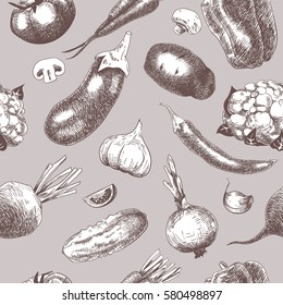 Seamless hand drawn pattern with sketch of vegetables. Vector line art background.