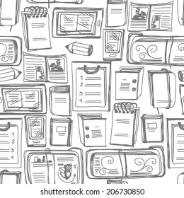 Seamless hand drawn pattern with sketchbooks, notepads, books and mobile devices