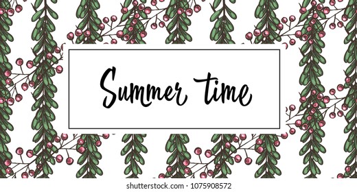 Seamless hand drawn pattern. Sketched leaves and berries print in soft colors - vector background