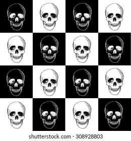 Seamless hand drawn pattern with skulls. Vector illustration for backgrounds, card, posters, banners, textile prints, cover, web design
