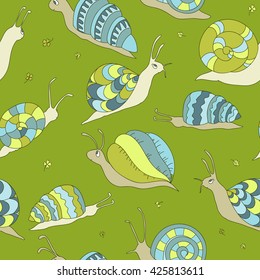 Seamless hand drawn pattern with snails in cartoon style. Vector pattern. Abstract hand drawn background with snails.