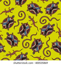 Seamless hand drawn pattern with snakes, turtles and lizard. Background in doodle style for web, textile or print. Vector illustration.