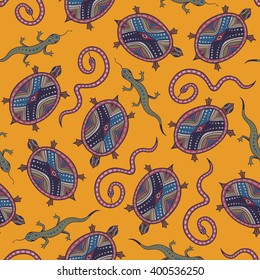 Seamless hand drawn pattern with snakes, turtles and lizard. Background in doodle style for web, textile or print. Vector illustration.